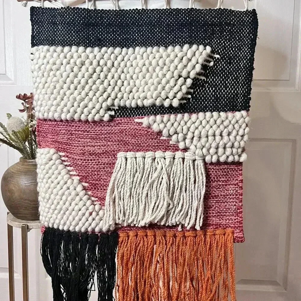 Handmade Woven Orange Cream Black Wool Tapestry Wallhanging‎ Bohemian Boho 70s